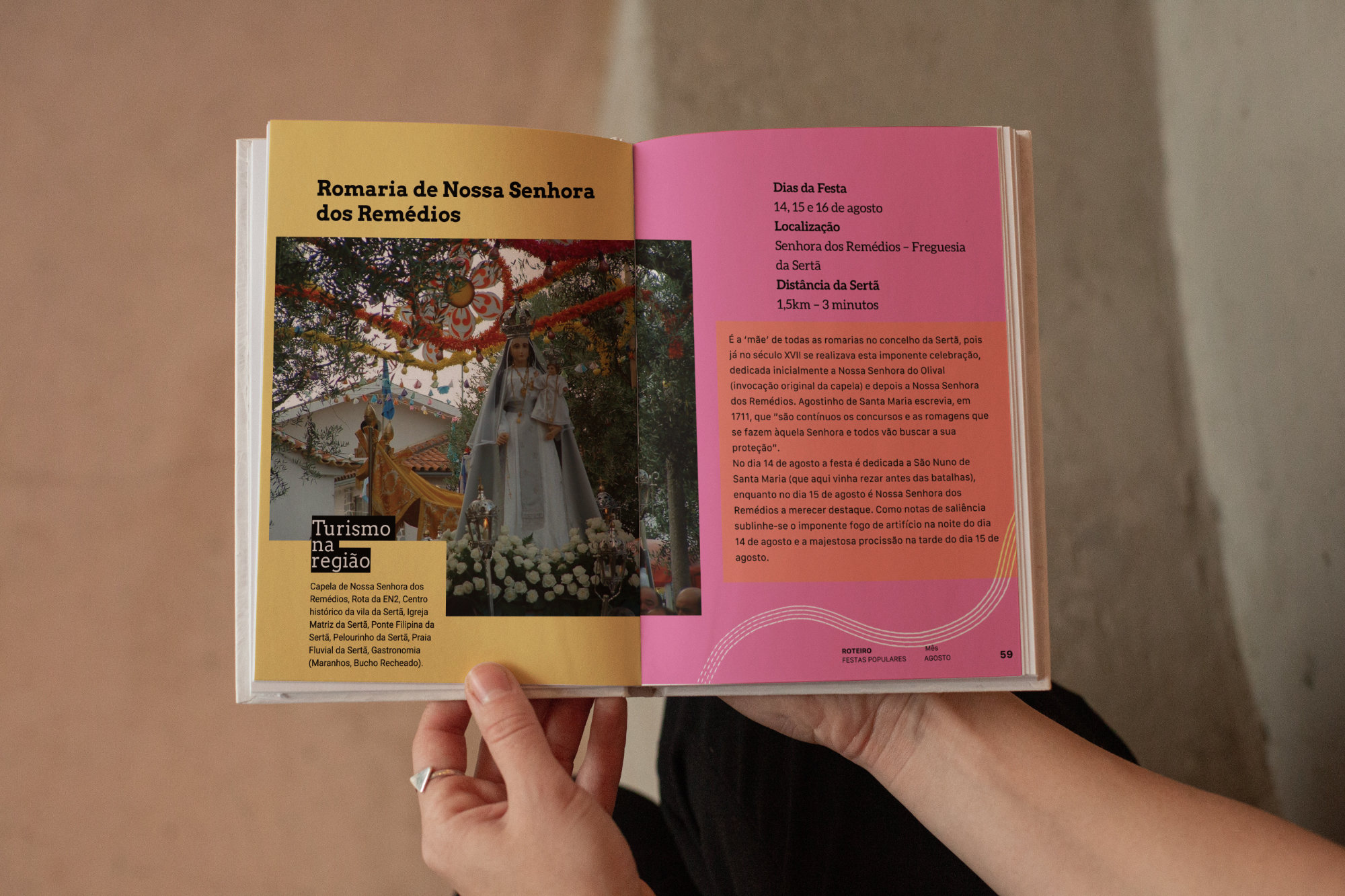 A flat-lay photograph of the open Annual Cultural Guide, held by a woman. The image shows the guide's pages, content, and layout, emphasizing the design for user experience.